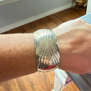 925 Sterling Silver Wide Cuff Criss Cross Bracelet Stamped W